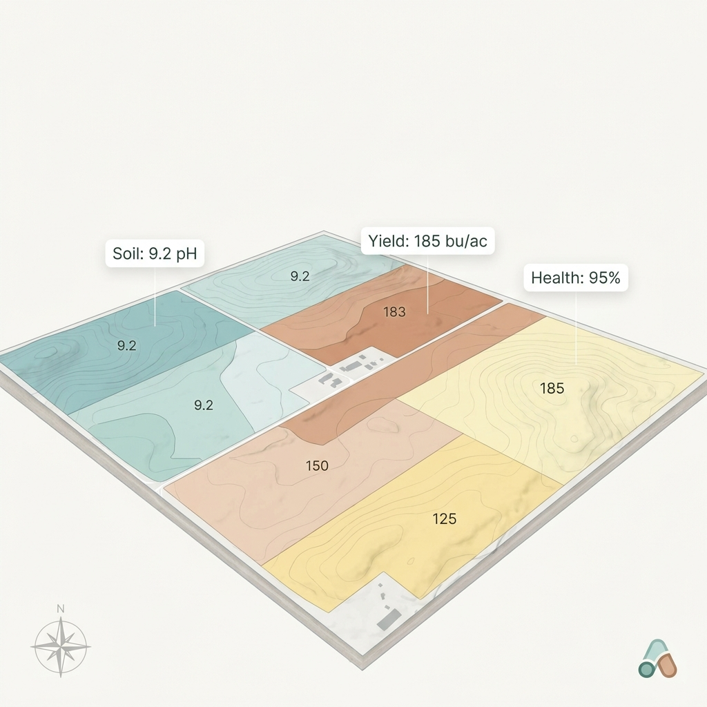 Aerial farm map with per-zone soil and yield labels representing AcreIQ per-acre data