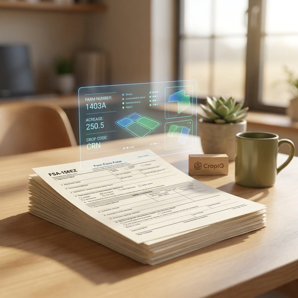 Forms-on-desk illustration with extracted-data overlay representing CropIQ form processing