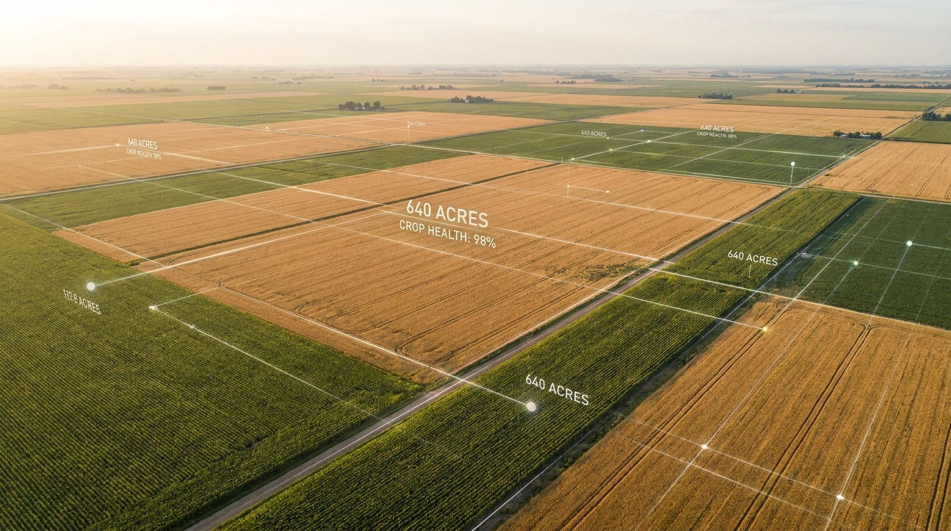 Aerial view of Midwestern farmland with overlay markers representing AgIQ data products